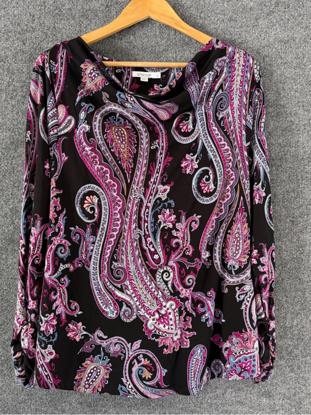 Chicos Womens Paisley Cowl Neck Touch Of Cool Top Size XL Black Purple Office - Picture 2 of 8